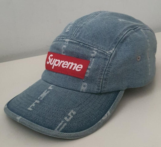 FW20 Supreme Logo Stripe Jacquard denim camp cap red box logo blue hat Worn 1x