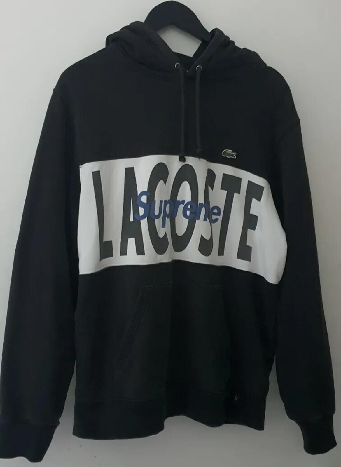 FW19 Supreme x Lacoste Logo Panel Hooded Sweatshirt Größe M Medium Schwarzer Hoodie