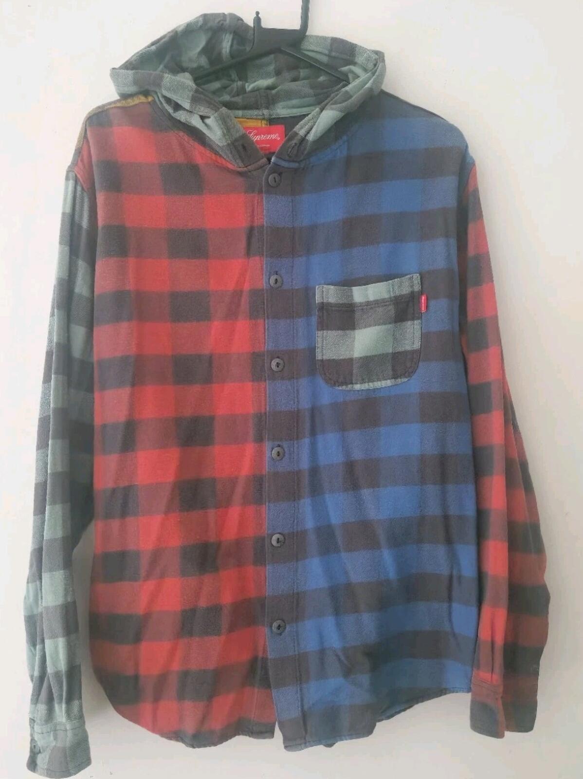 FW17 Supreme Hooded Buffalo Flannel Plaid Shirt Blue Green Red Yellow Size M